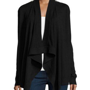 Michael Kors Draped Cardigan navy blue zipper shoulder waterfall sweater LG